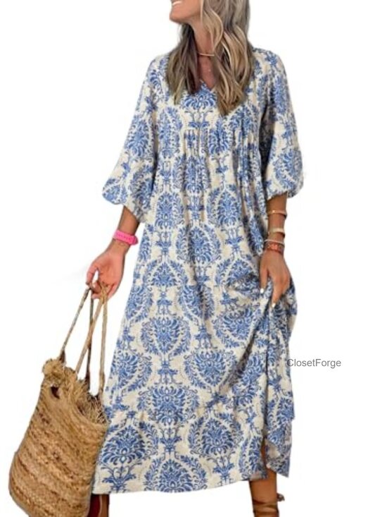 Dresses & Skirts - Boho Maxi Dress V Neck Long Puff Sleeve Smocked Ruffle Flowy Casual